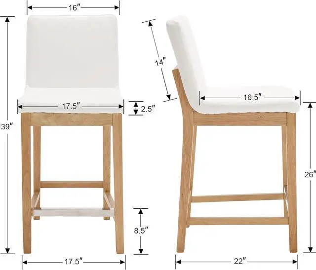 Alt view image 3 of 7 - Kmax 26 Inch Bar Stools Set of 2, Farmhouse Upholstered Bar Stools with Back Support Rustic Wooden White Armless Barstools for Bar Club Pub - PU, White