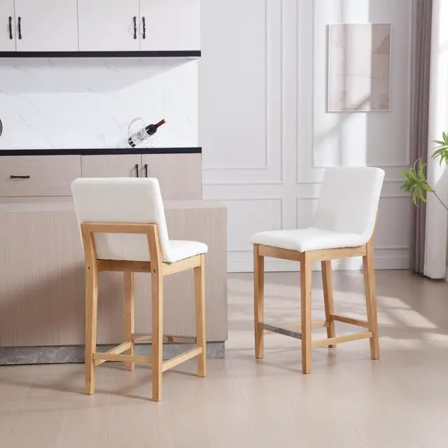 Alt view image 2 of 7 - Kmax 26 Inch Bar Stools Set of 2, Farmhouse Upholstered Bar Stools with Back Support Rustic Wooden White Armless Barstools for Bar Club Pub - PU, White