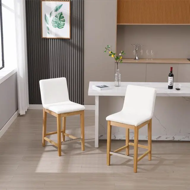 Alt view image 4 of 7 - Kmax 26 Inch Bar Stools Set of 2, Farmhouse Upholstered Bar Stools with Back Support Rustic Wooden White Armless Barstools for Bar Club Pub - PU, White