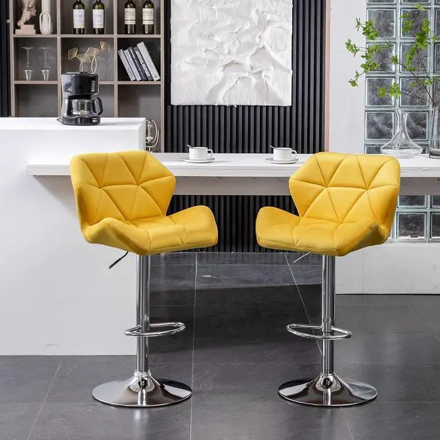 Main image of Roundhill Furniture Breni Velvet Diamond Tufted Swivel Adjustable Height Barstools, Set of 2, Yellow