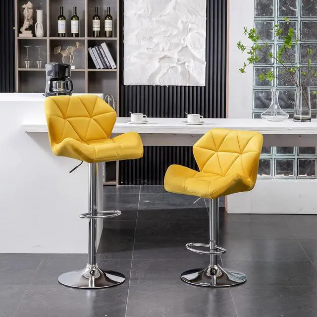 Alt view image 3 of 7 - Roundhill Furniture Breni Velvet Diamond Tufted Swivel Adjustable Height Barstools, Set of 2, Yellow