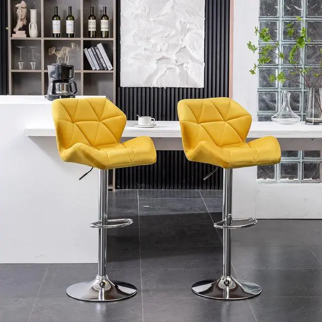 Alt view image 4 of 7 - Roundhill Furniture Breni Velvet Diamond Tufted Swivel Adjustable Height Barstools, Set of 2, Yellow