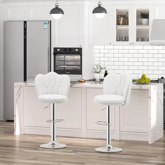 Alt view image 2 of 7 - VECELO Bar Stools Set of 2, Adjustable Barstools with Back, Velvet Armless Counter Height Stool Kitchen Island Stool Swivel Bar Stools, White