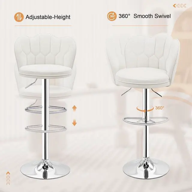 Alt view image 4 of 7 - VECELO Bar Stools Set of 2, Adjustable Barstools with Back, Velvet Armless Counter Height Stool Kitchen Island Stool Swivel Bar Stools, White