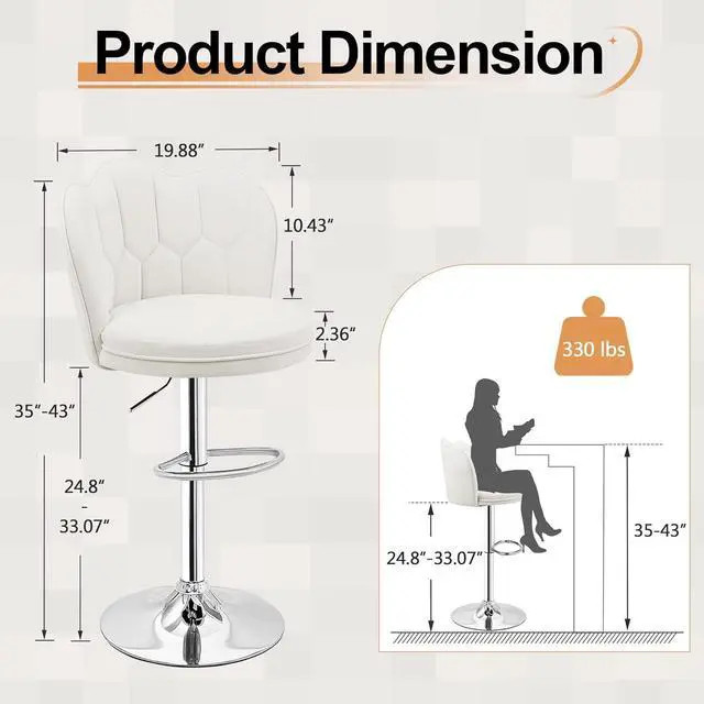Alt view image 3 of 7 - VECELO Bar Stools Set of 2, Adjustable Barstools with Back, Velvet Armless Counter Height Stool Kitchen Island Stool Swivel Bar Stools, White