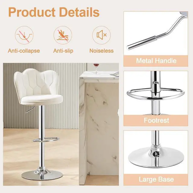Alt view image 7 of 7 - VECELO Bar Stools Set of 2, Adjustable Barstools with Back, Velvet Armless Counter Height Stool Kitchen Island Stool Swivel Bar Stools, White
