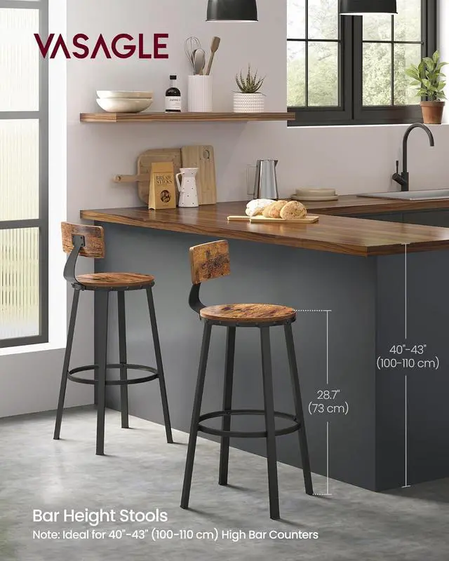 Alt view image 4 of 7 - VASAGLE Bar Stools Set of 2, Bar Height Stools, 28.9 Inches Counter Barstools Chairs with Back for Dining Kitchen Island, Steel Frame, Industrial Style, Easy Assembly, Rustic Brown and Ink Black