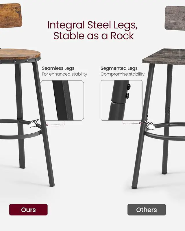 Alt view image 5 of 7 - VASAGLE Bar Stools Set of 2, Bar Height Stools, 28.9 Inches Counter Barstools Chairs with Back for Dining Kitchen Island, Steel Frame, Industrial Style, Easy Assembly, Rustic Brown and Ink Black
