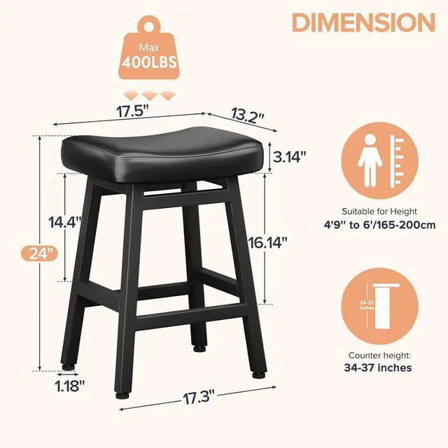 Alt view image 2 of 7 - Counter Height Bar Stools Set of 2, 24 Inch Barstools for Kitchen Counter, Kitchen Stools with Bonded Leather Saddle Seats & Heavy Duty Metal Legs, Easy Assembly, All Black