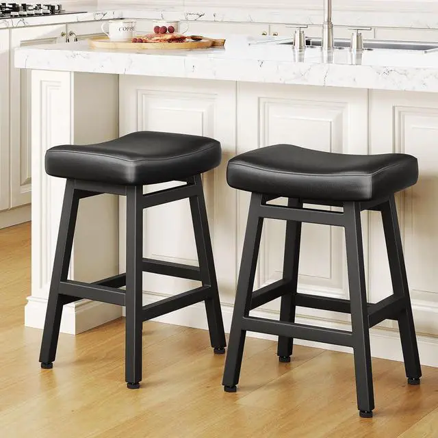 Main image of Counter Height Bar Stools Set of 2, 24 Inch Barstools for Kitchen Counter, Kitchen Stools with Bonded Leather Saddle Seats & Heavy Duty Metal Legs, Easy Assembly, All Black