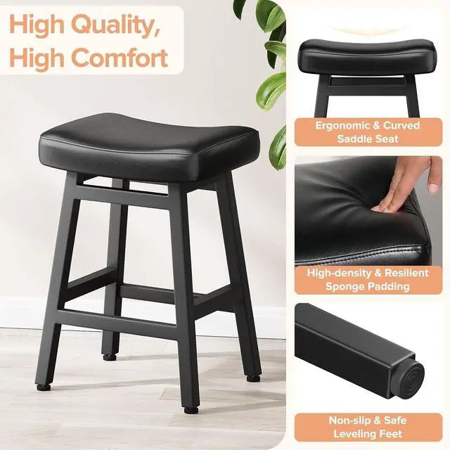 Alt view image 3 of 7 - Counter Height Bar Stools Set of 2, 24 Inch Barstools for Kitchen Counter, Kitchen Stools with Bonded Leather Saddle Seats & Heavy Duty Metal Legs, Easy Assembly, All Black