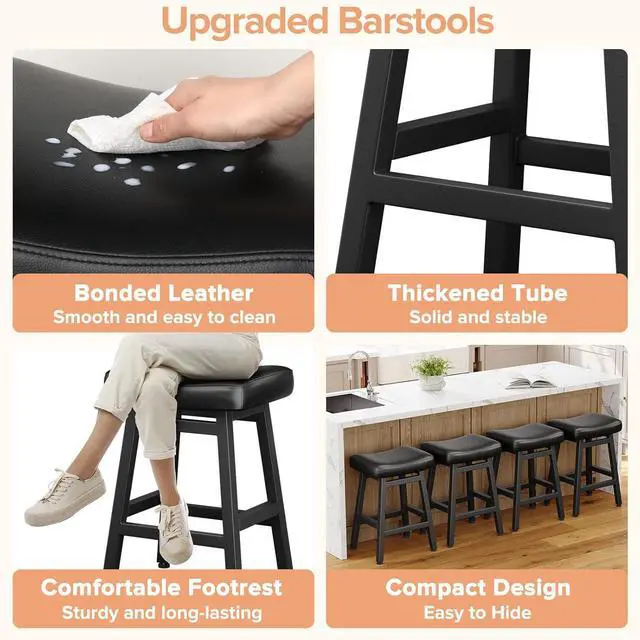 Alt view image 4 of 7 - Counter Height Bar Stools Set of 2, 24 Inch Barstools for Kitchen Counter, Kitchen Stools with Bonded Leather Saddle Seats & Heavy Duty Metal Legs, Easy Assembly, All Black