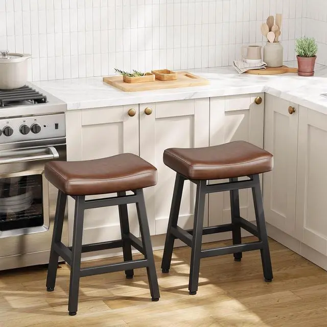 Alt view image 6 of 7 - Counter Height Bar Stools Set of 2, 24 Inch Barstools for Kitchen Counter, Kitchen Stools with Bonded Leather Saddle Seats & Heavy Duty Metal Legs, Easy Assembly, All Black