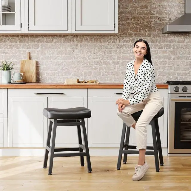 Alt view image 5 of 7 - Counter Height Bar Stools Set of 2, 24 Inch Barstools for Kitchen Counter, Kitchen Stools with Bonded Leather Saddle Seats & Heavy Duty Metal Legs, Easy Assembly, All Black