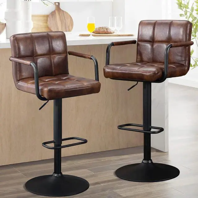 Alt view image 2 of 6 - Furnimart 30" Faux Leather Upholstered Bar Stool, Adjustable Counter Stools Bar Chairs Modern Design Swivel Barstools Hydraulic Stools for Kitchen and Dining Room Set of 2 (Leather-Darkbrown)