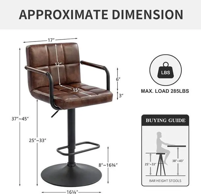Alt view image 3 of 6 - Furnimart 30" Faux Leather Upholstered Bar Stool, Adjustable Counter Stools Bar Chairs Modern Design Swivel Barstools Hydraulic Stools for Kitchen and Dining Room Set of 2 (Leather-Darkbrown)