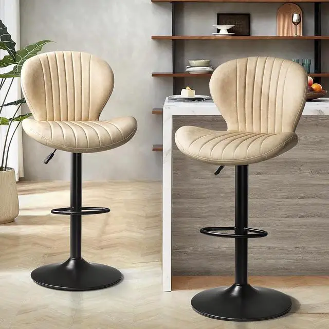 Main image of PUKAMI Bar Stools Set of 2,Adjustable Swivel Counter Height Bar Stools with Back & Footrest,Modern Design Bar Chairs,Faux Leather Upholstered Barstools for Bar,Kitchen,Dining Room (Beige, Set of 2)