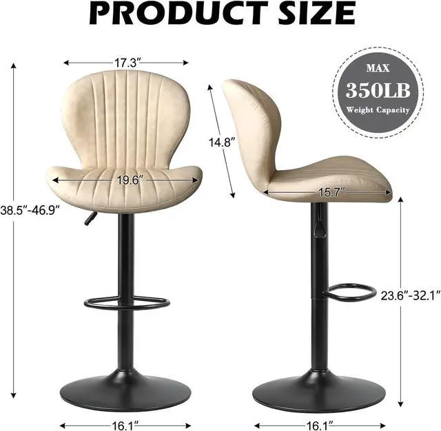 Alt view image 2 of 7 - PUKAMI Bar Stools Set of 2,Adjustable Swivel Counter Height Bar Stools with Back & Footrest,Modern Design Bar Chairs,Faux Leather Upholstered Barstools for Bar,Kitchen,Dining Room (Beige, Set of 2)