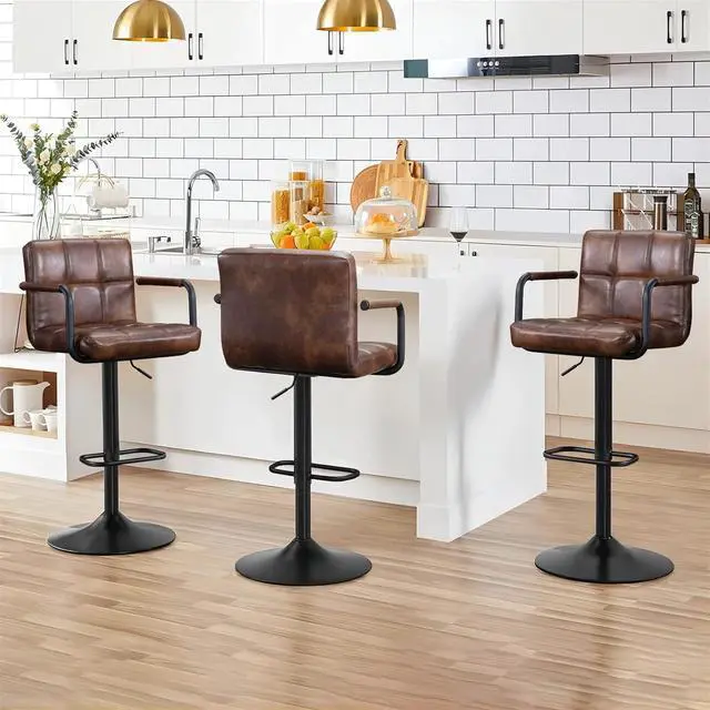 Alt view image 6 of 6 - Furnimart 30" Faux Leather Upholstered Bar Stool, Adjustable Counter Stools Bar Chairs Modern Design Swivel Barstools Hydraulic Stools for Kitchen and Dining Room Set of 2 (Leather-Darkbrown)