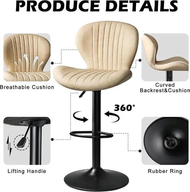 Alt view image 5 of 7 - PUKAMI Bar Stools Set of 2,Adjustable Swivel Counter Height Bar Stools with Back & Footrest,Modern Design Bar Chairs,Faux Leather Upholstered Barstools for Bar,Kitchen,Dining Room (Beige, Set of 2)