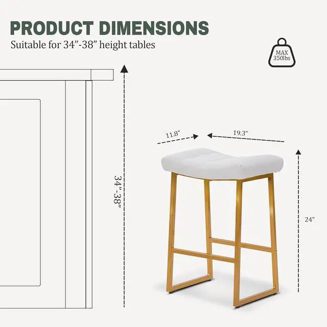 Alt view image 2 of 7 - White & Gold Counter Height Bar Stools Set of 3 for Kitchen Counter Modern Backless Barstools with Upholstered Faux Leather Seat and Metal Frame Industrial 24 inch Bar Chairs