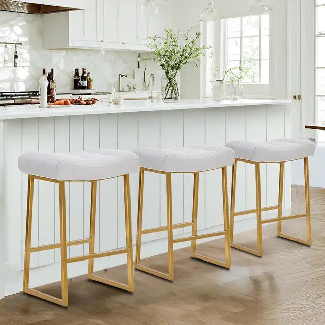 Main image of White & Gold Counter Height Bar Stools Set of 3 for Kitchen Counter Modern Backless Barstools with Upholstered Faux Leather Seat and Metal Frame Industrial 24 inch Bar Chairs