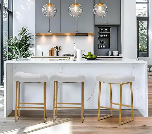 Alt view image 6 of 7 - White & Gold Counter Height Bar Stools Set of 3 for Kitchen Counter Modern Backless Barstools with Upholstered Faux Leather Seat and Metal Frame Industrial 24 inch Bar Chairs