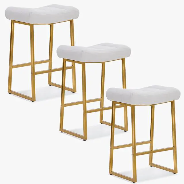 Alt view image 7 of 7 - White & Gold Counter Height Bar Stools Set of 3 for Kitchen Counter Modern Backless Barstools with Upholstered Faux Leather Seat and Metal Frame Industrial 24 inch Bar Chairs