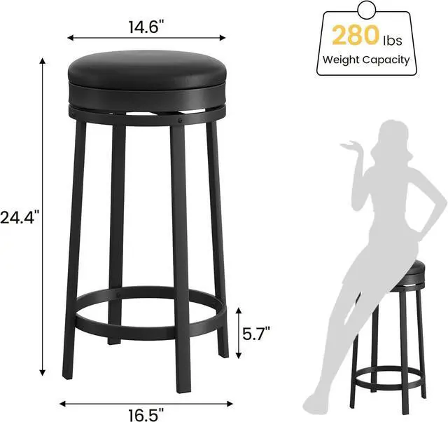 Alt view image 2 of 7 - IDEALHOUSE 24'' Swivel Bar Stools Set of 4 with Footrest, Modern Counter Height Barstools with PU Leather Upholstered and Metal Frame, Backless Round Bar Stools for Kitchen Island, Black