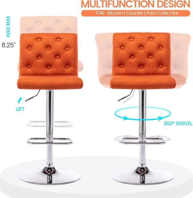 Alt view image 5 of 7 - Brage Living Tufted Fabric Bar Stool, Adjustable Swivel Counter Height Barstool with Back, Upholstered Armless Airlift Bar Chair for Kitchen Dining Cafe, 1 pc (Orange)
