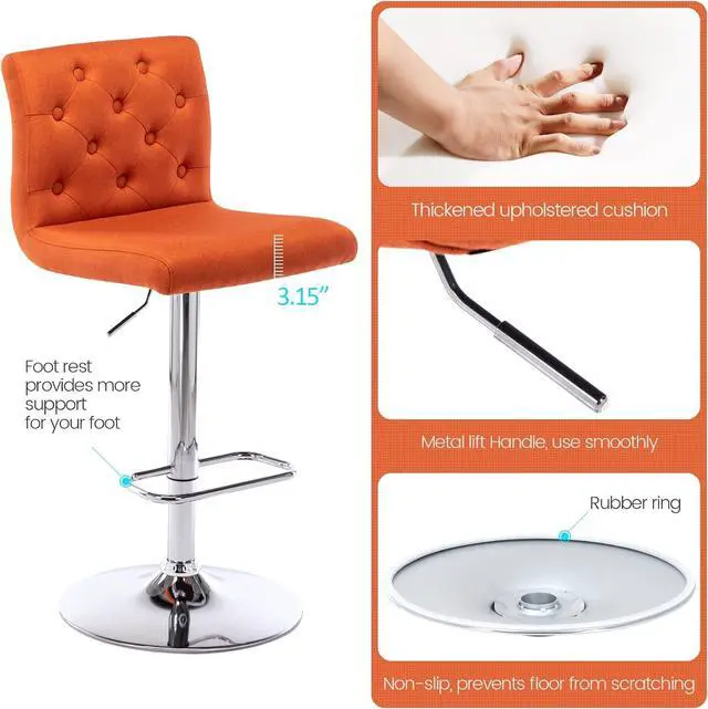 Alt view image 6 of 7 - Brage Living Tufted Fabric Bar Stool, Adjustable Swivel Counter Height Barstool with Back, Upholstered Armless Airlift Bar Chair for Kitchen Dining Cafe, 1 pc (Orange)