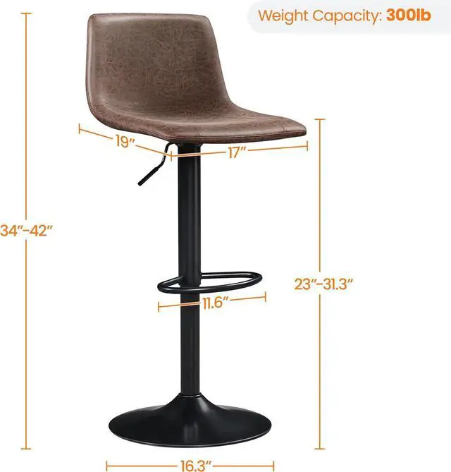 Alt view image 2 of 6 - Yaheetech Bar Stools Set of 4, Armless Adjustable Swivel Barstools with Back and Footrest, PU Leather Counter Height Bar Chairs for Kitchen Island, Bar, Kitchen, Dining Room, Brown