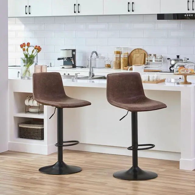 Alt view image 3 of 6 - Yaheetech Bar Stools Set of 4, Armless Adjustable Swivel Barstools with Back and Footrest, PU Leather Counter Height Bar Chairs for Kitchen Island, Bar, Kitchen, Dining Room, Brown