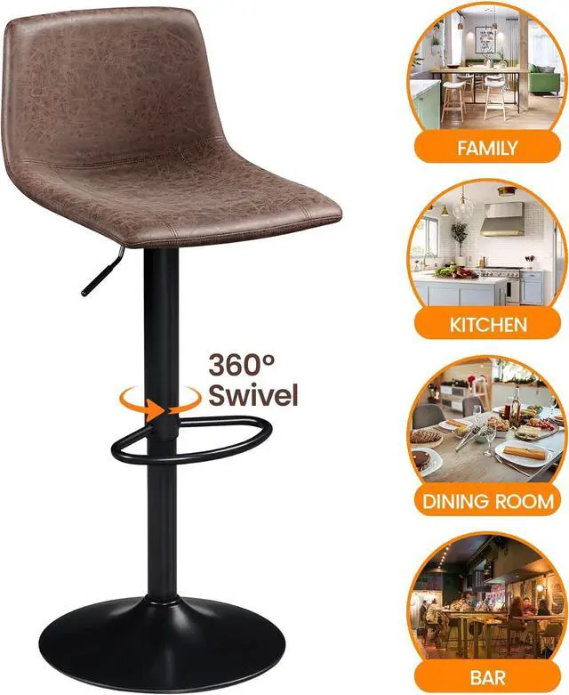 Alt view image 6 of 6 - Yaheetech Bar Stools Set of 4, Armless Adjustable Swivel Barstools with Back and Footrest, PU Leather Counter Height Bar Chairs for Kitchen Island, Bar, Kitchen, Dining Room, Brown