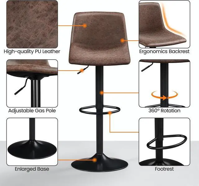 Alt view image 5 of 6 - Yaheetech Bar Stools Set of 4, Armless Adjustable Swivel Barstools with Back and Footrest, PU Leather Counter Height Bar Chairs for Kitchen Island, Bar, Kitchen, Dining Room, Brown