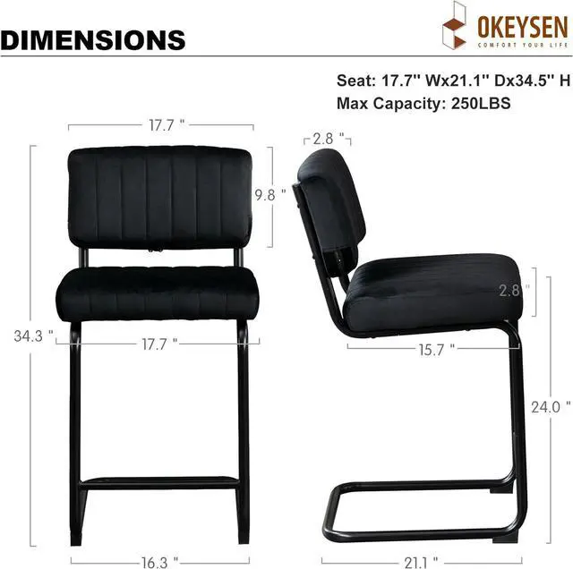 Alt view image 2 of 6 - Okeysen Bar Stools Set of 3,Counter Height Bar Chairs,24 inch Tall Bar Stool with Back,Barstools Bar Height Set of 3,Kitchen Counter Stools Modern Velvet Barstools for Island Dining Party