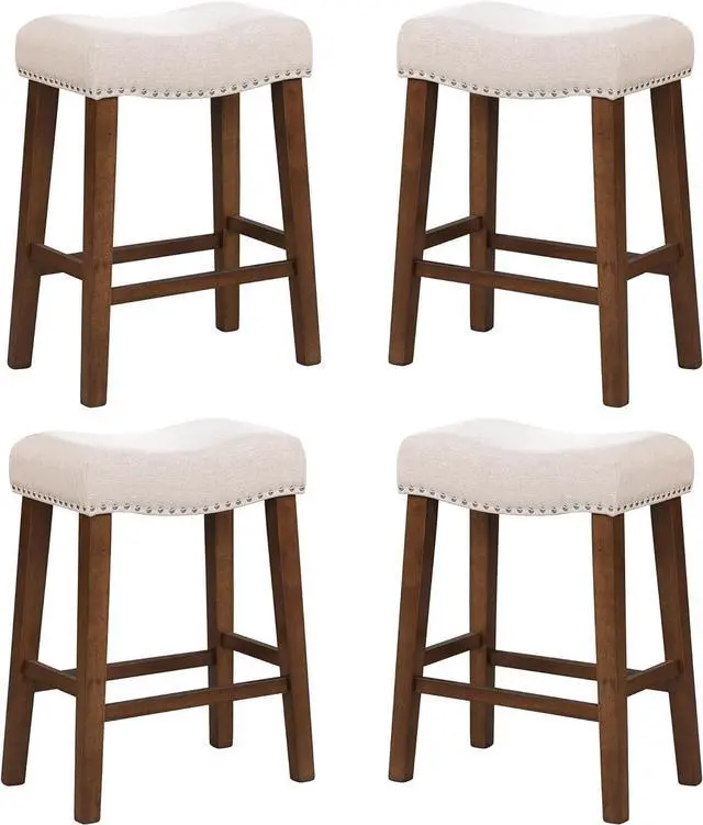 Main image of 24" Counter Height Bar Stools - Modern Backless Kitchen Island Saddle Barstools Chairs with Footrest, Solid Wood Legs & Nailhead Trim Linen Fabric Cushion, Beige, Set of 4