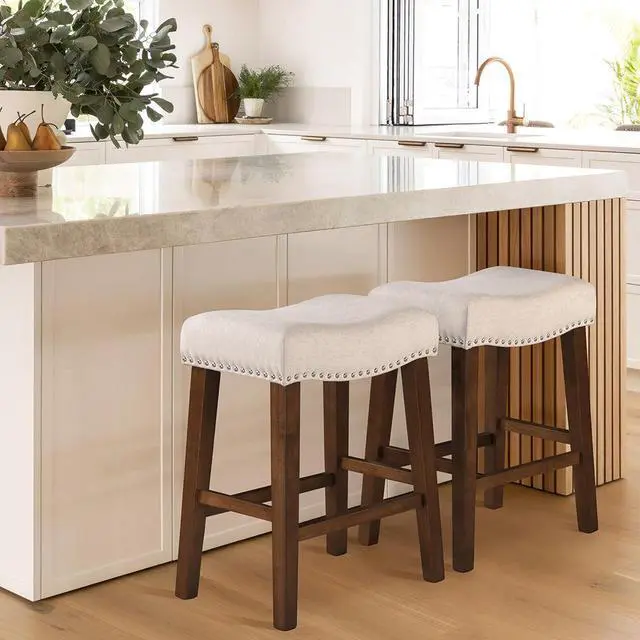 Alt view image 2 of 7 - 24" Counter Height Bar Stools - Modern Backless Kitchen Island Saddle Barstools Chairs with Footrest, Solid Wood Legs & Nailhead Trim Linen Fabric Cushion, Beige, Set of 4