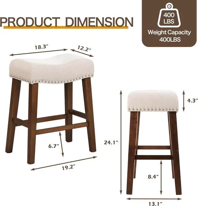 Alt view image 3 of 7 - 24" Counter Height Bar Stools - Modern Backless Kitchen Island Saddle Barstools Chairs with Footrest, Solid Wood Legs & Nailhead Trim Linen Fabric Cushion, Beige, Set of 4