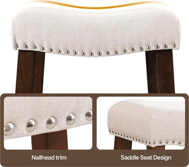 Alt view image 4 of 7 - 24" Counter Height Bar Stools - Modern Backless Kitchen Island Saddle Barstools Chairs with Footrest, Solid Wood Legs & Nailhead Trim Linen Fabric Cushion, Beige, Set of 4