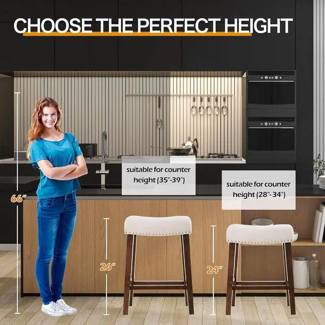 Alt view image 7 of 7 - 24" Counter Height Bar Stools - Modern Backless Kitchen Island Saddle Barstools Chairs with Footrest, Solid Wood Legs & Nailhead Trim Linen Fabric Cushion, Beige, Set of 4