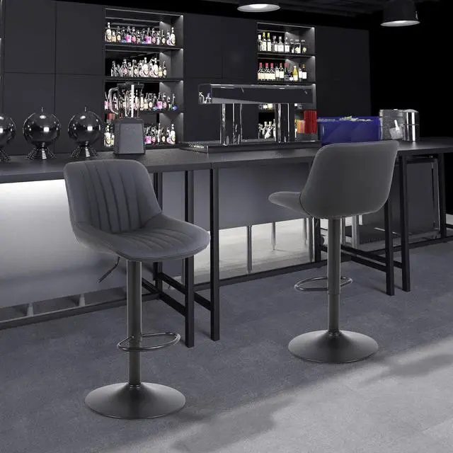 Alt view image 2 of 7 - Bar Stools Set of 3, Swivel Counter Height Barstools with Back, Adjustable PU Leather Bar Chairs, Modern Armless Kitchen Island Stool, Black