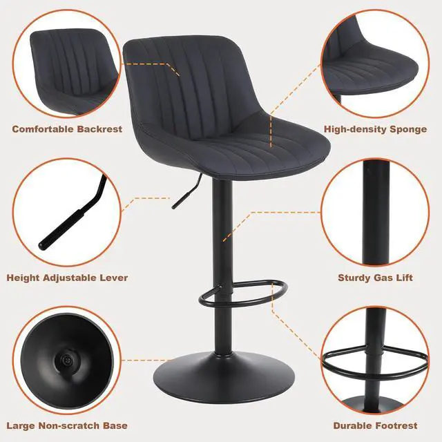 Alt view image 5 of 7 - Bar Stools Set of 3, Swivel Counter Height Barstools with Back, Adjustable PU Leather Bar Chairs, Modern Armless Kitchen Island Stool, Black