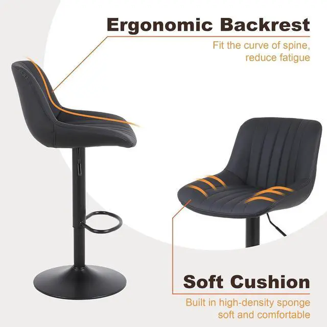 Alt view image 6 of 7 - Bar Stools Set of 3, Swivel Counter Height Barstools with Back, Adjustable PU Leather Bar Chairs, Modern Armless Kitchen Island Stool, Black
