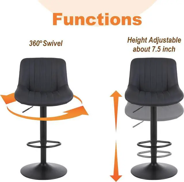 Alt view image 7 of 7 - Bar Stools Set of 3, Swivel Counter Height Barstools with Back, Adjustable PU Leather Bar Chairs, Modern Armless Kitchen Island Stool, Black