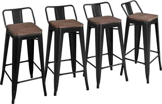Main image of Yaheetech 30" Metal Barstools Set of 4 Bar Height Bar Stools with Wooden Top Low Back Industrial Bar Stools Metal Stool for Indoor-Outdoor Counter Stools with Wooden Seat Matte Black
