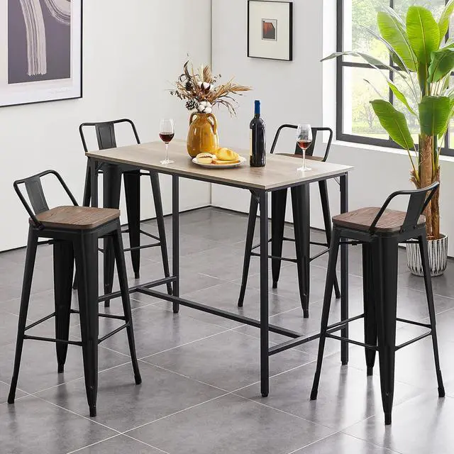Alt view image 2 of 7 - Yaheetech 30" Metal Barstools Set of 4 Bar Height Bar Stools with Wooden Top Low Back Industrial Bar Stools Metal Stool for Indoor-Outdoor Counter Stools with Wooden Seat Matte Black