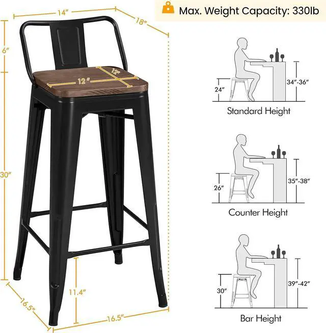 Alt view image 3 of 7 - Yaheetech 30" Metal Barstools Set of 4 Bar Height Bar Stools with Wooden Top Low Back Industrial Bar Stools Metal Stool for Indoor-Outdoor Counter Stools with Wooden Seat Matte Black