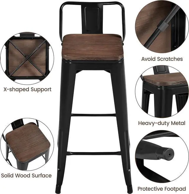 Alt view image 5 of 7 - Yaheetech 30" Metal Barstools Set of 4 Bar Height Bar Stools with Wooden Top Low Back Industrial Bar Stools Metal Stool for Indoor-Outdoor Counter Stools with Wooden Seat Matte Black