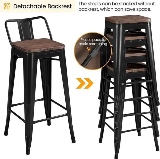 Alt view image 7 of 7 - Yaheetech 30" Metal Barstools Set of 4 Bar Height Bar Stools with Wooden Top Low Back Industrial Bar Stools Metal Stool for Indoor-Outdoor Counter Stools with Wooden Seat Matte Black
